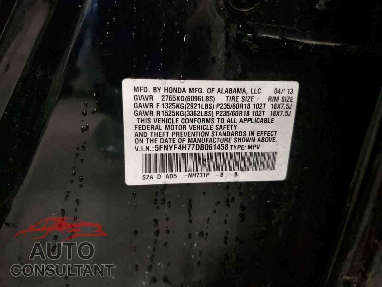 HONDA PILOT 2013 - 5FNYF4H77DB061458