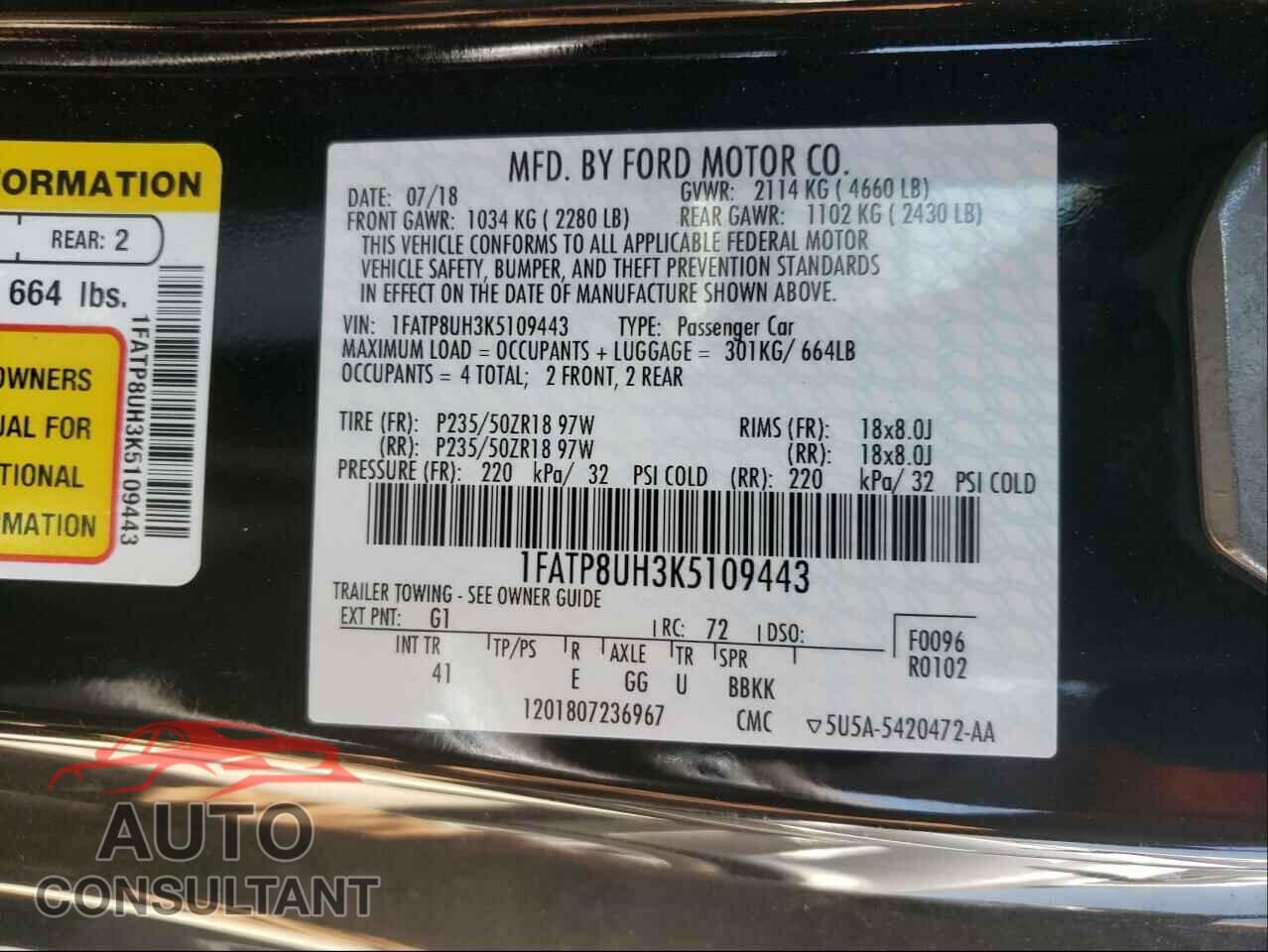 FORD MUSTANG 2019 - 1FATP8UH3K5109443