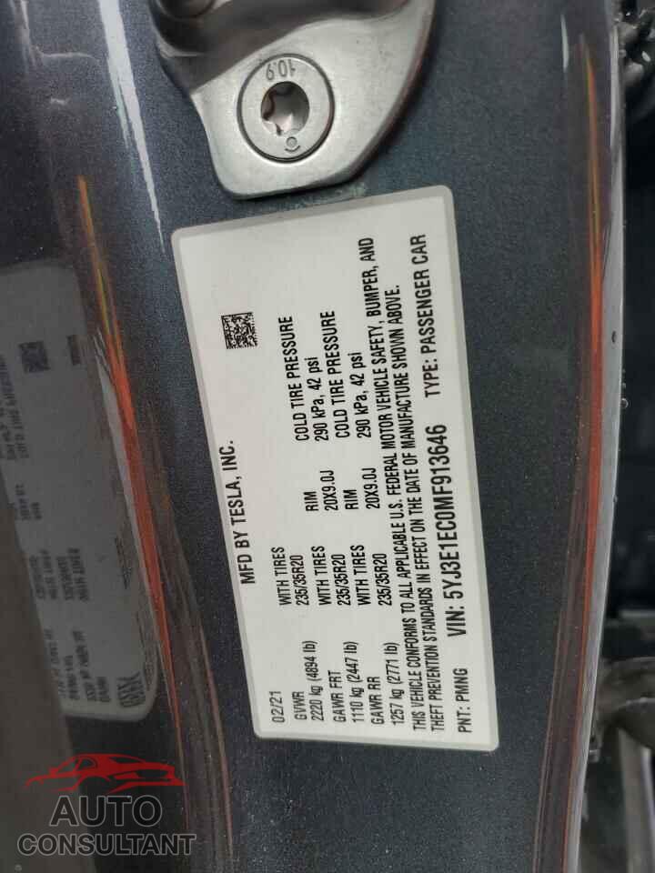 TESLA MODEL 3 2021 - 5YJ3E1EC0MF913646
