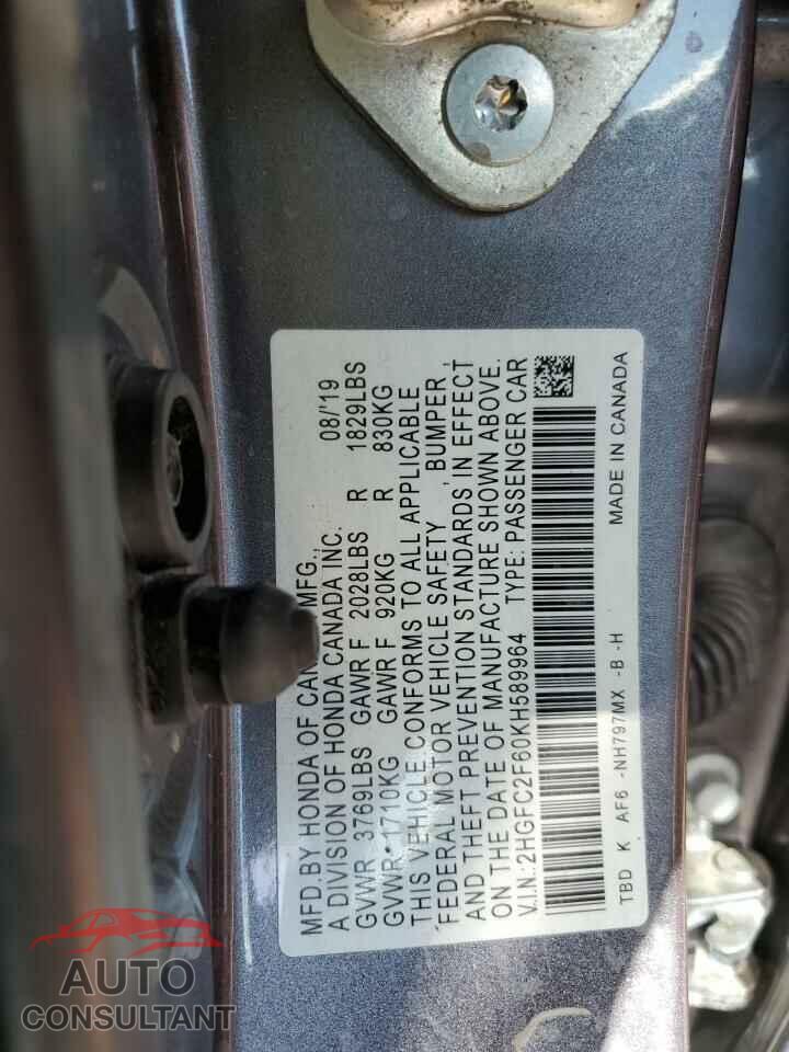 HONDA CIVIC 2019 - 2HGFC2F60KH589964