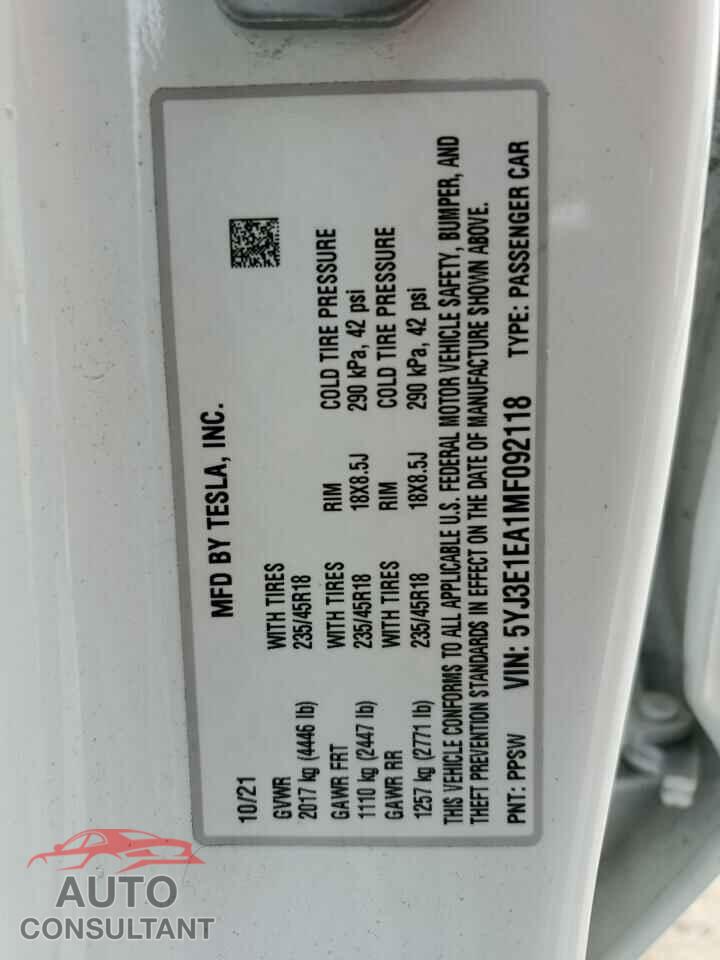 TESLA MODEL 3 2021 - 5YJ3E1EA1MF092118