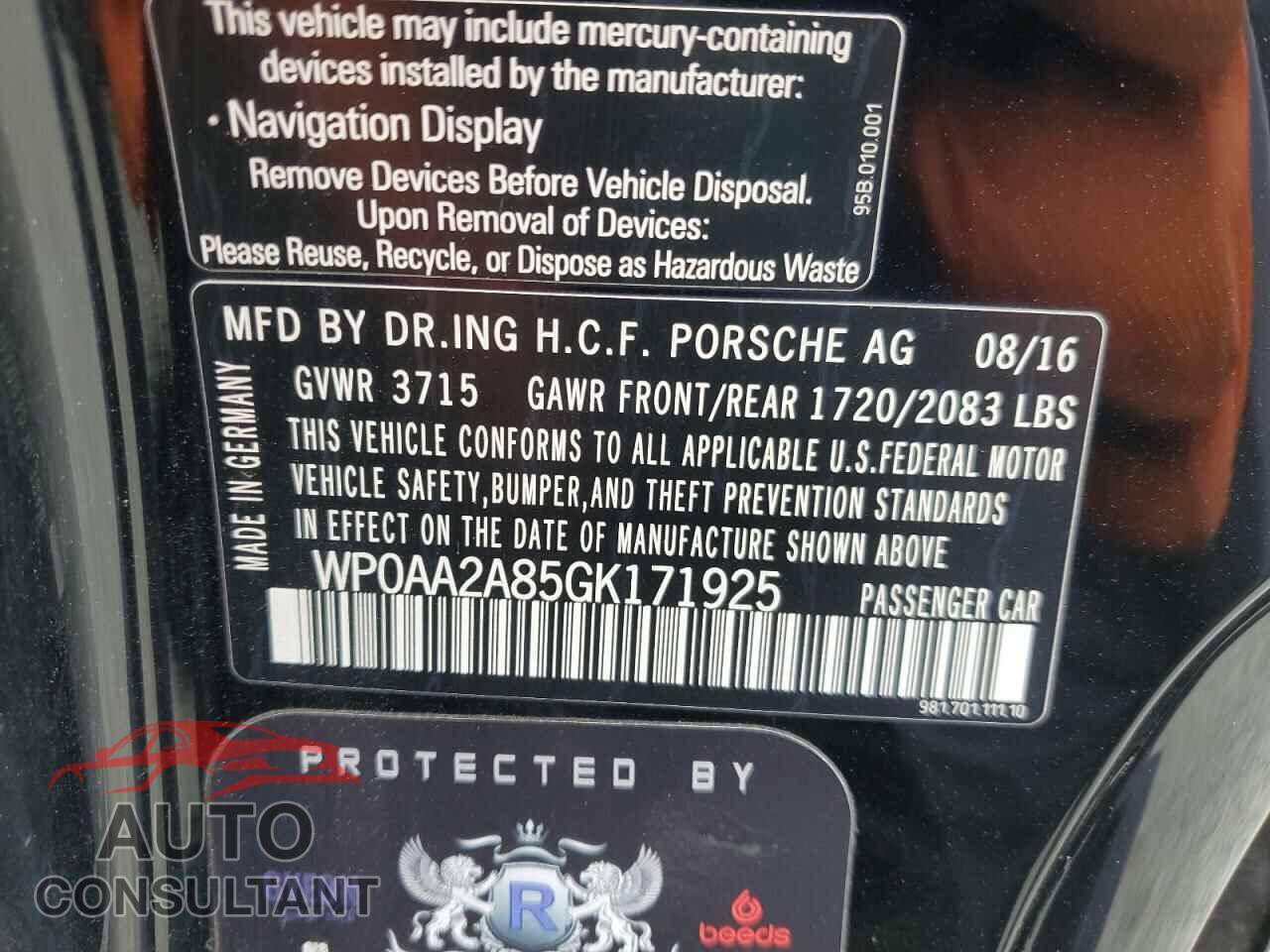 PORSCHE CAYMAN 2016 - WP0AA2A85GK171925