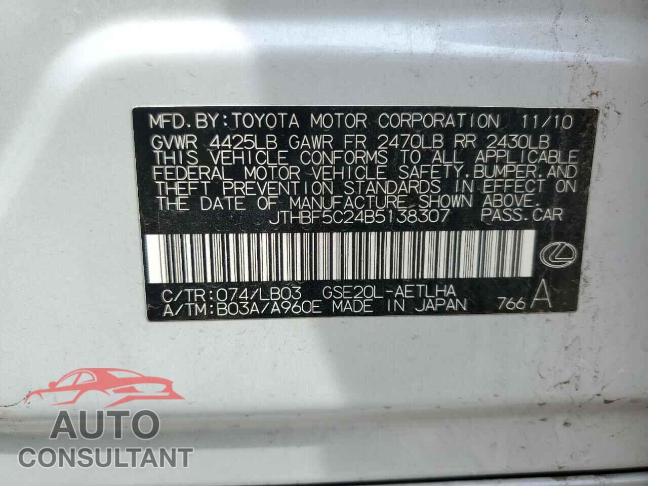 LEXUS IS 2011 - JTHBF5C24B5138307