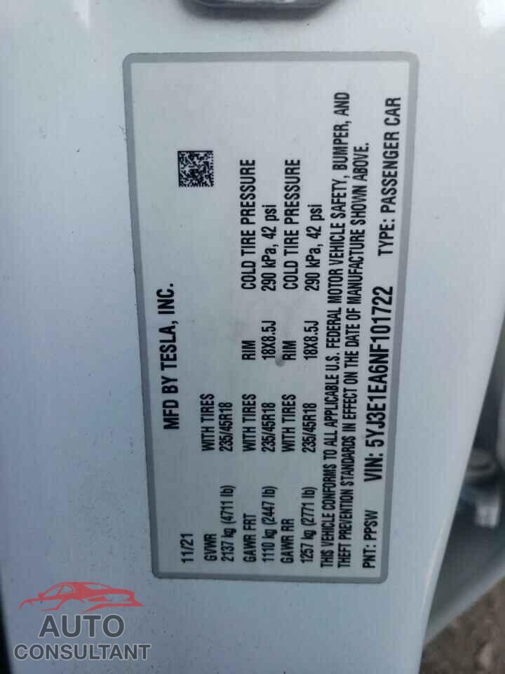 TESLA MODEL 3 2022 - 5YJ3E1EA6NF101722