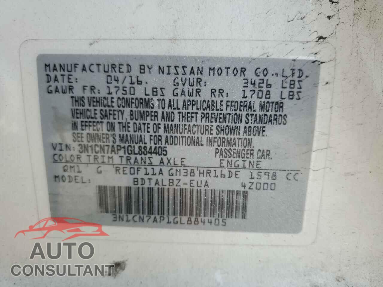 NISSAN VERSA 2016 - 3N1CN7AP1GL884405