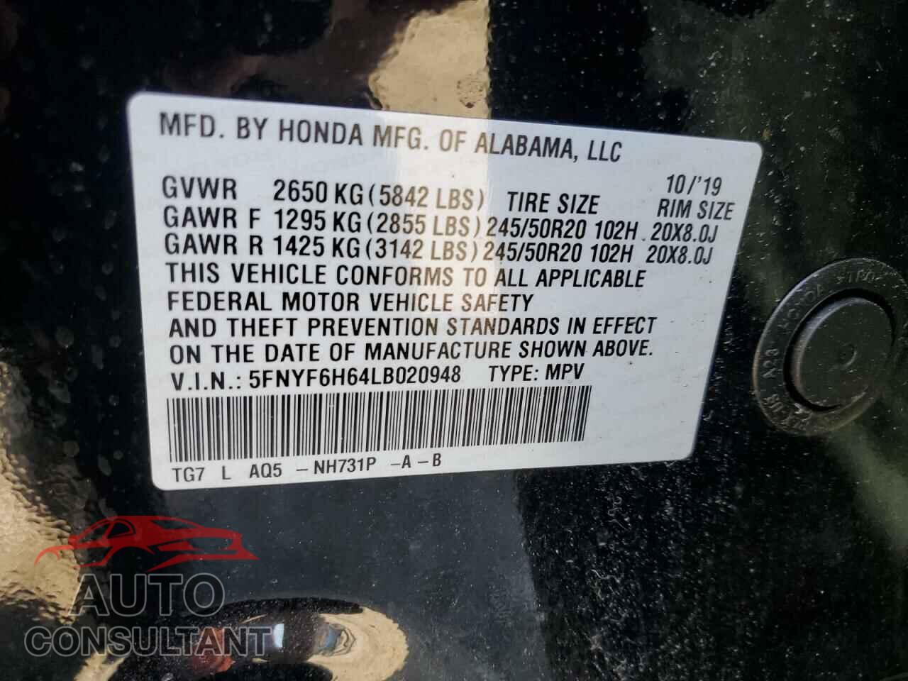 HONDA PILOT 2020 - 5FNYF6H64LB020948