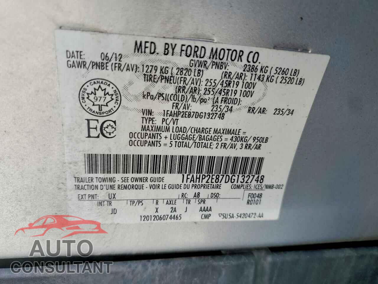 FORD TAURUS 2013 - 1FAHP2E87DG132748