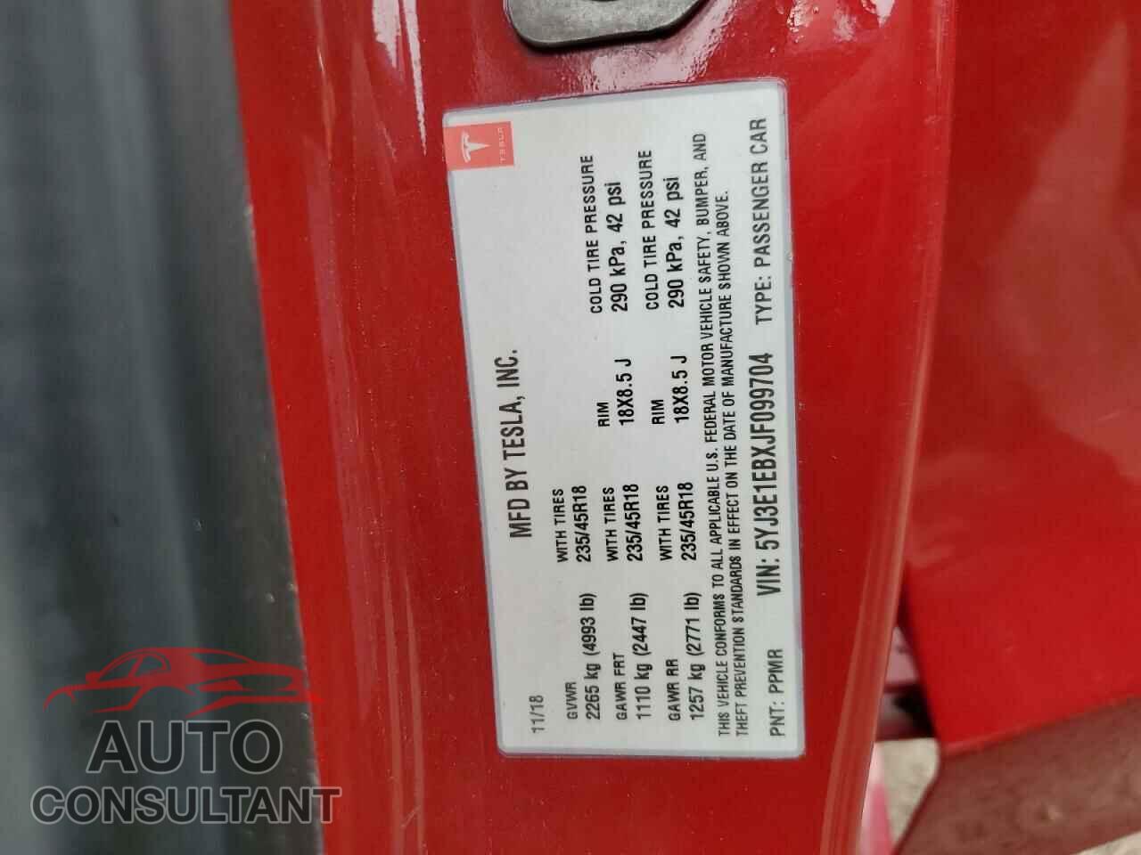 TESLA MODEL 3 2018 - 5YJ3E1EBXJF099704