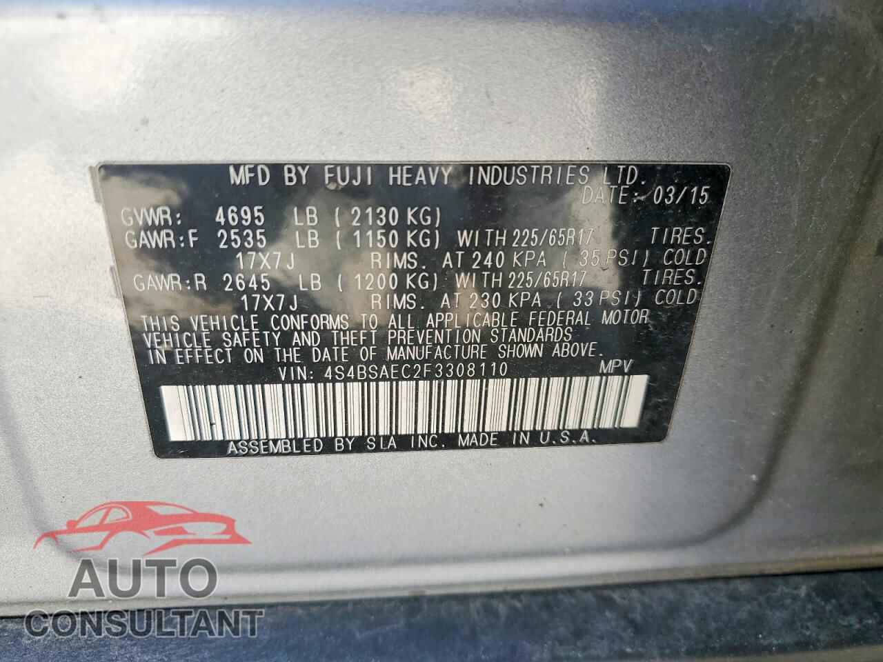 SUBARU OUTBACK 2015 - 4S4BSAEC2F3308110