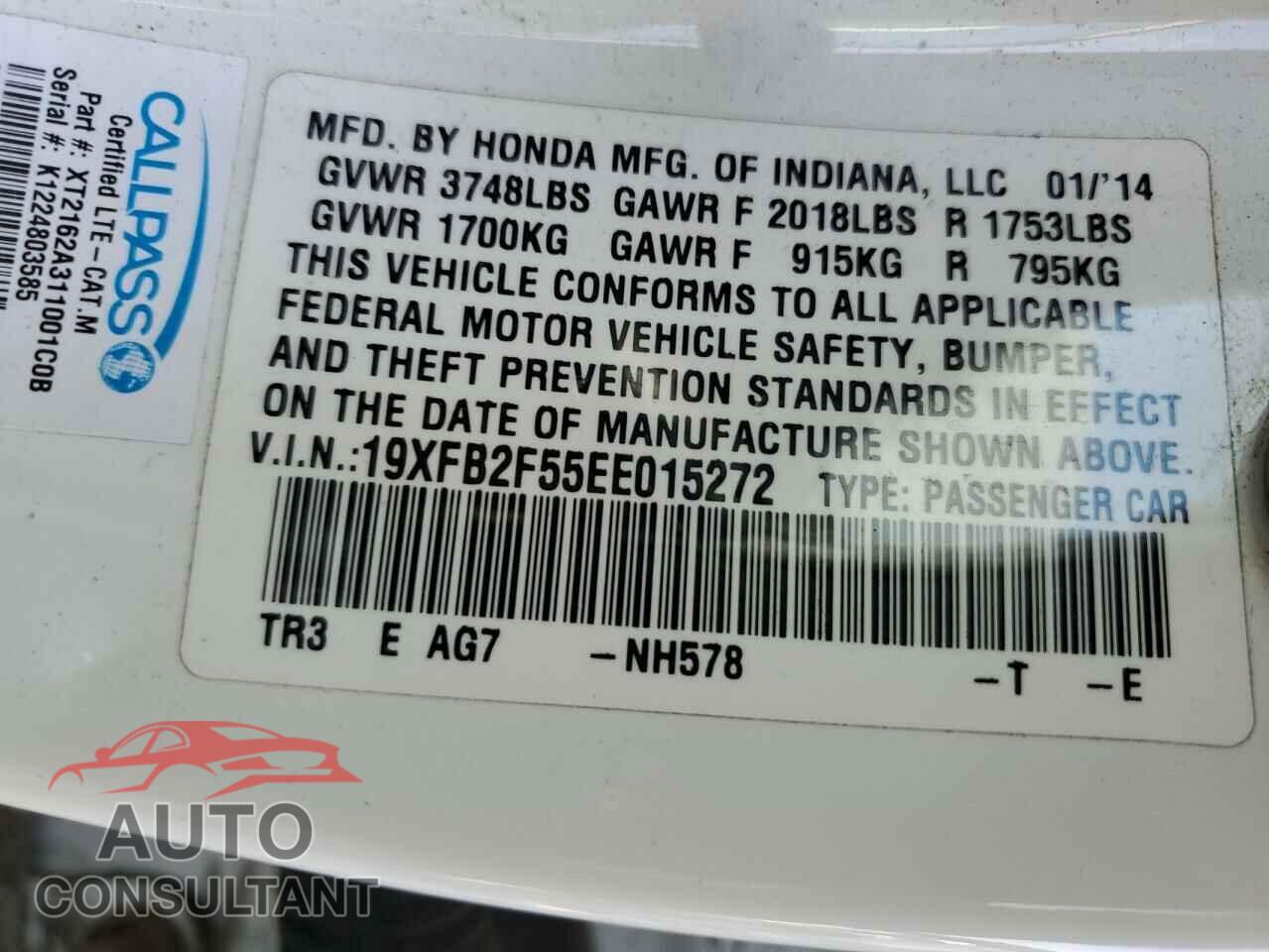 HONDA CIVIC 2014 - 19XFB2F55EE015272
