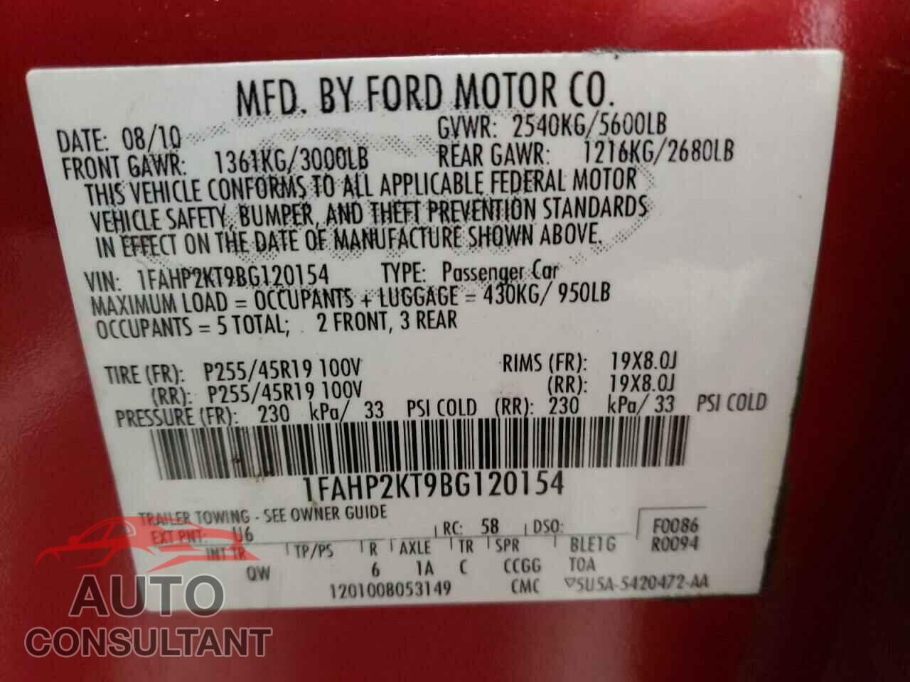 FORD TAURUS 2011 - 1FAHP2KT9BG120154