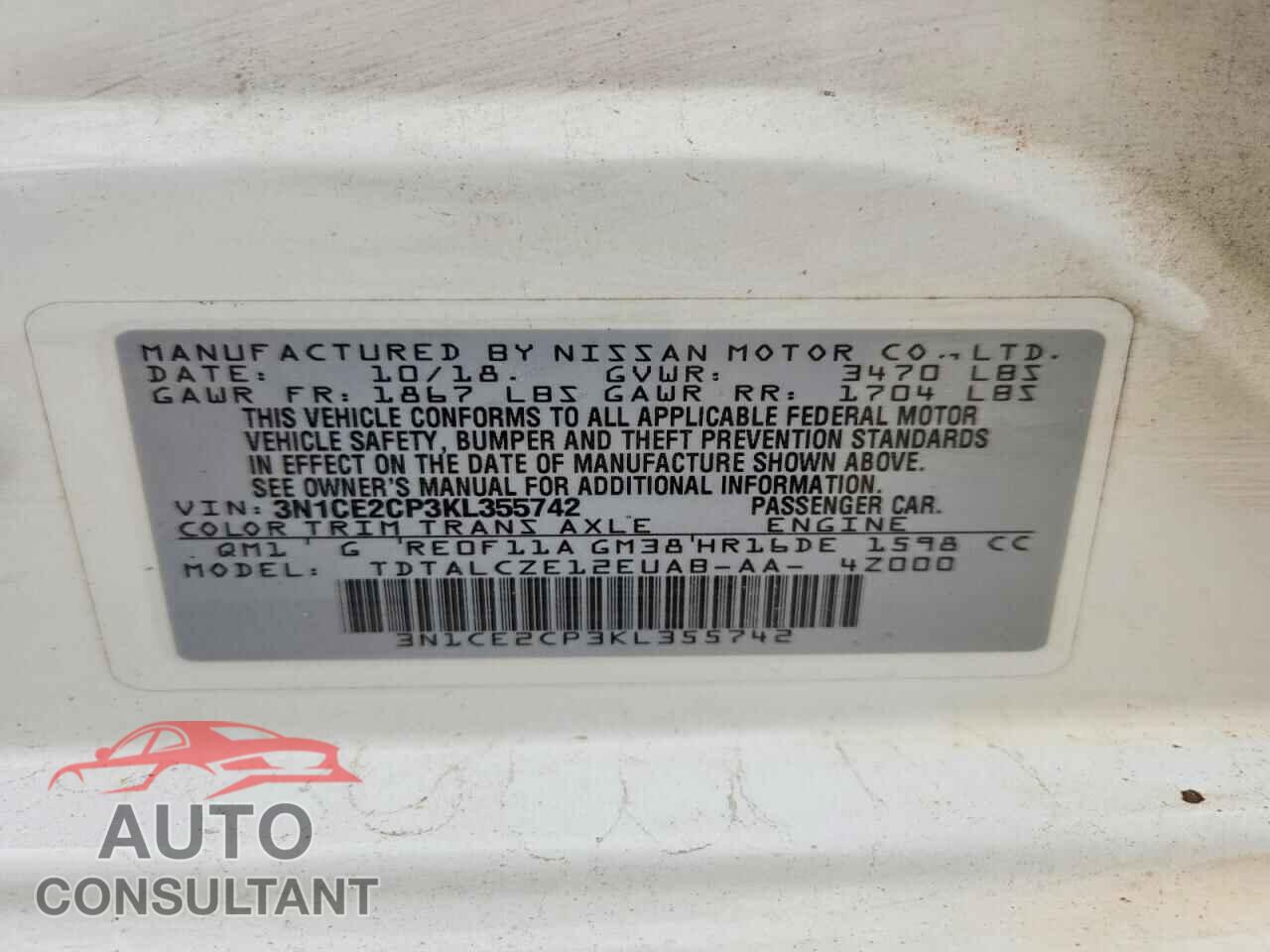 NISSAN VERSA 2019 - 3N1CE2CP3KL355742