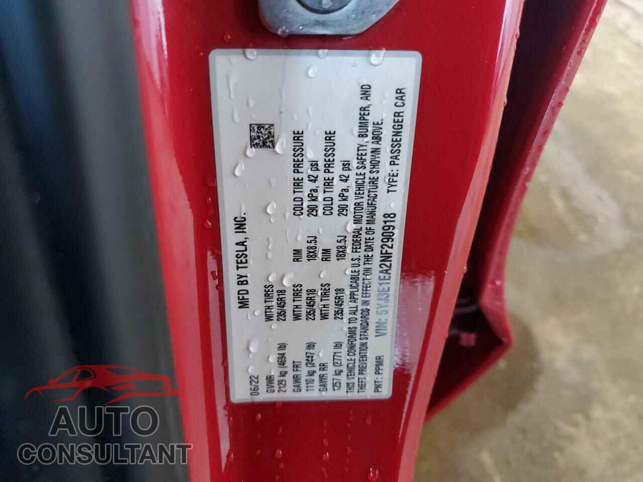 TESLA MODEL 3 2022 - 5YJ3E1EA2NF290918