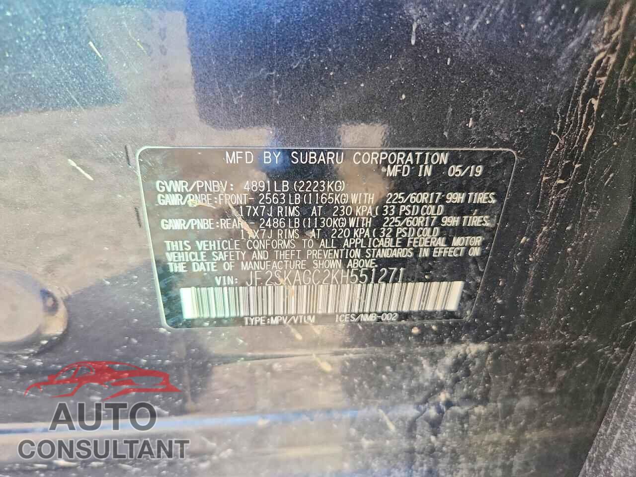 SUBARU FORESTER 2019 - JF2SKAGC2KH551271