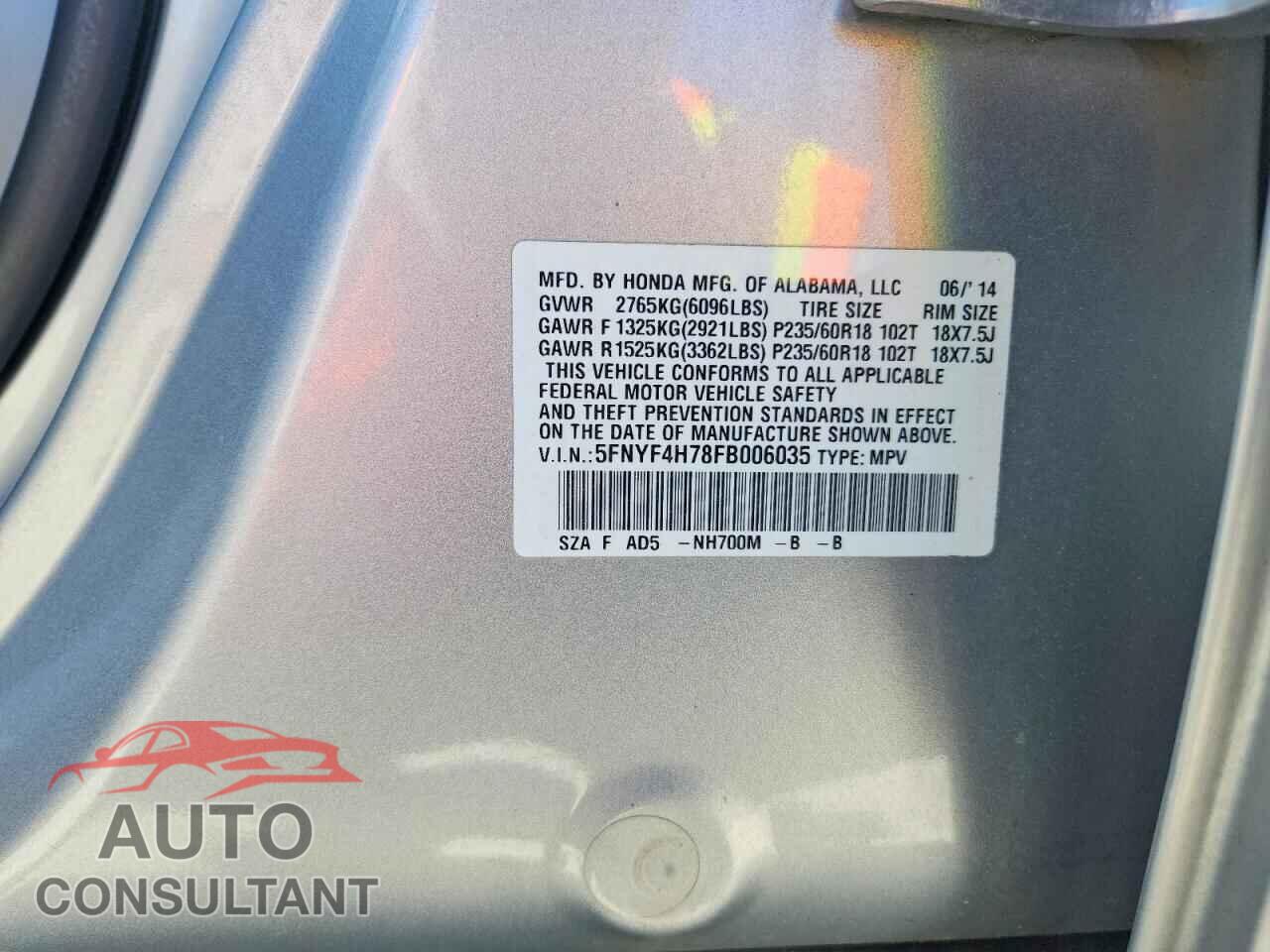 HONDA PILOT 2015 - 5FNYF4H78FB006035