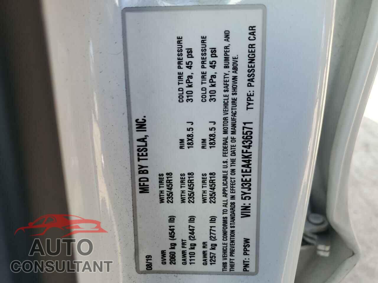 TESLA MODEL 3 2019 - 5YJ3E1EA4KF436571