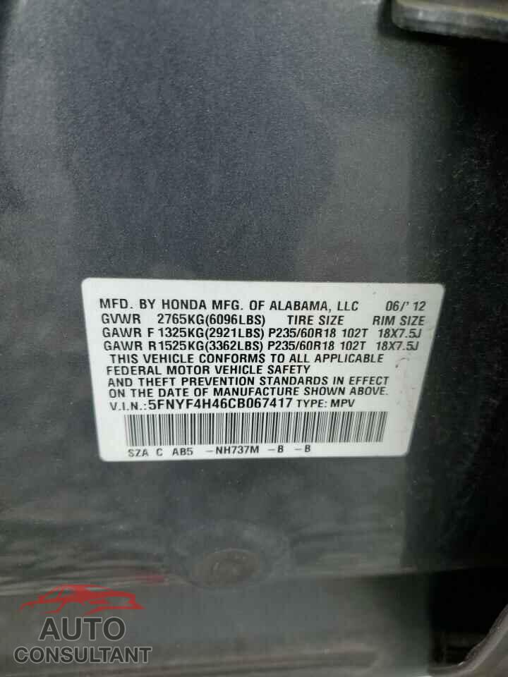 HONDA PILOT 2012 - 5FNYF4H46CB067417