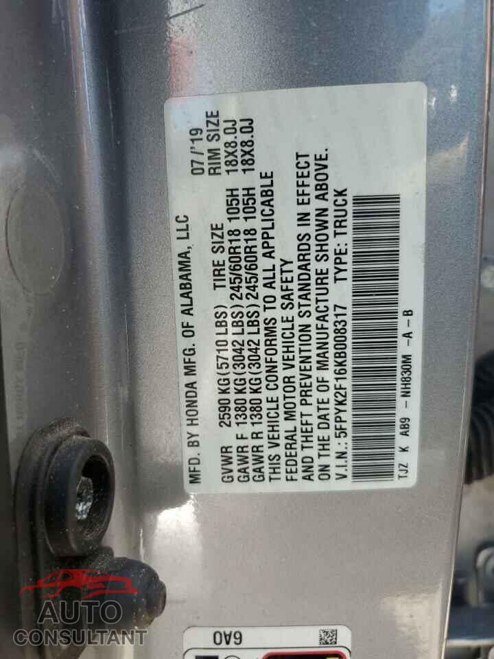 HONDA RIDGELINE 2019 - 5FPYK2F16KB008317