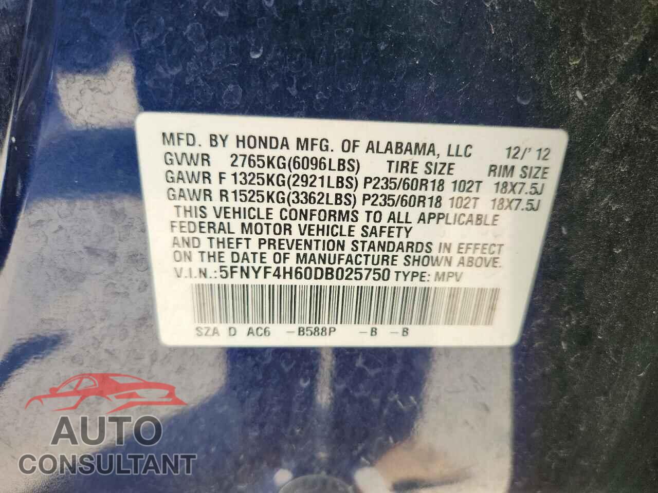 HONDA PILOT 2013 - 5FNYF4H60DB025750