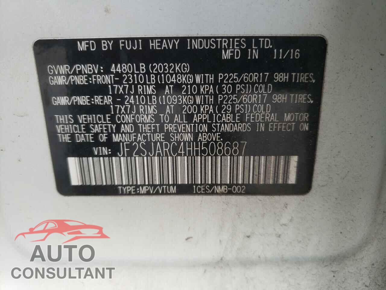 SUBARU FORESTER 2017 - JF2SJARC4HH508687