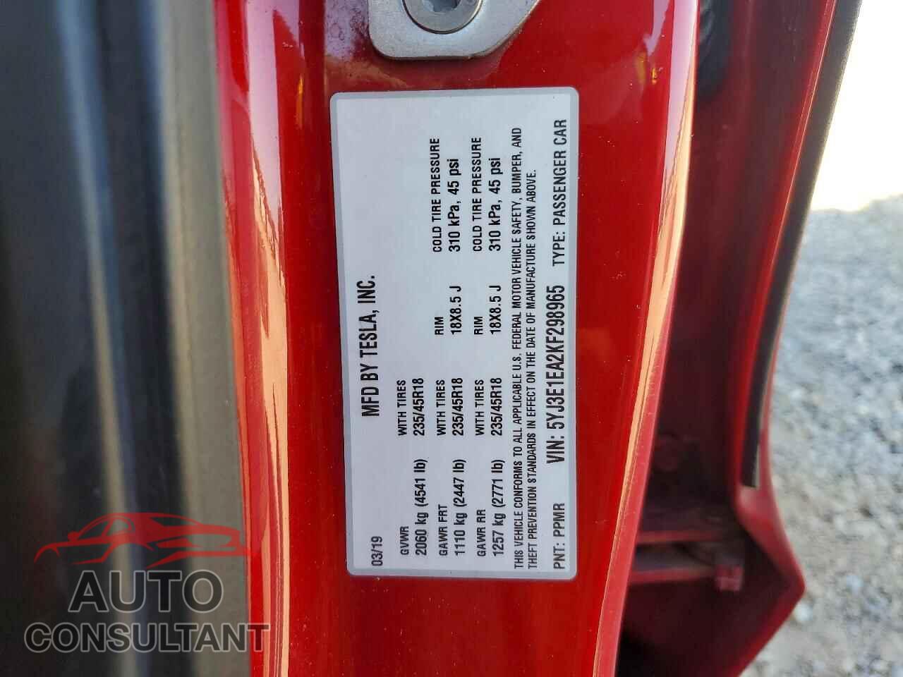 TESLA MODEL 3 2019 - 5YJ3E1EA2KF298965