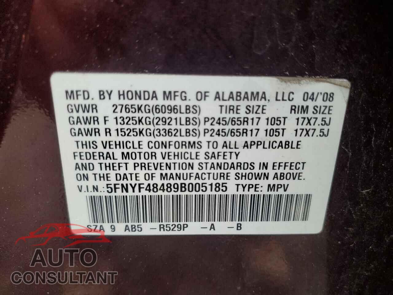 HONDA PILOT 2009 - 5FNYF48489B005185