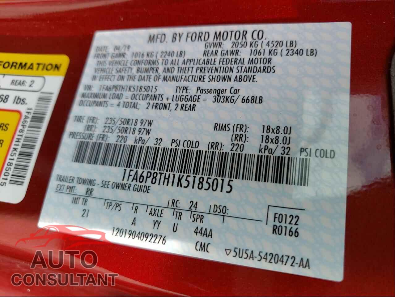 FORD MUSTANG 2019 - 1FA6P8TH1K5185015