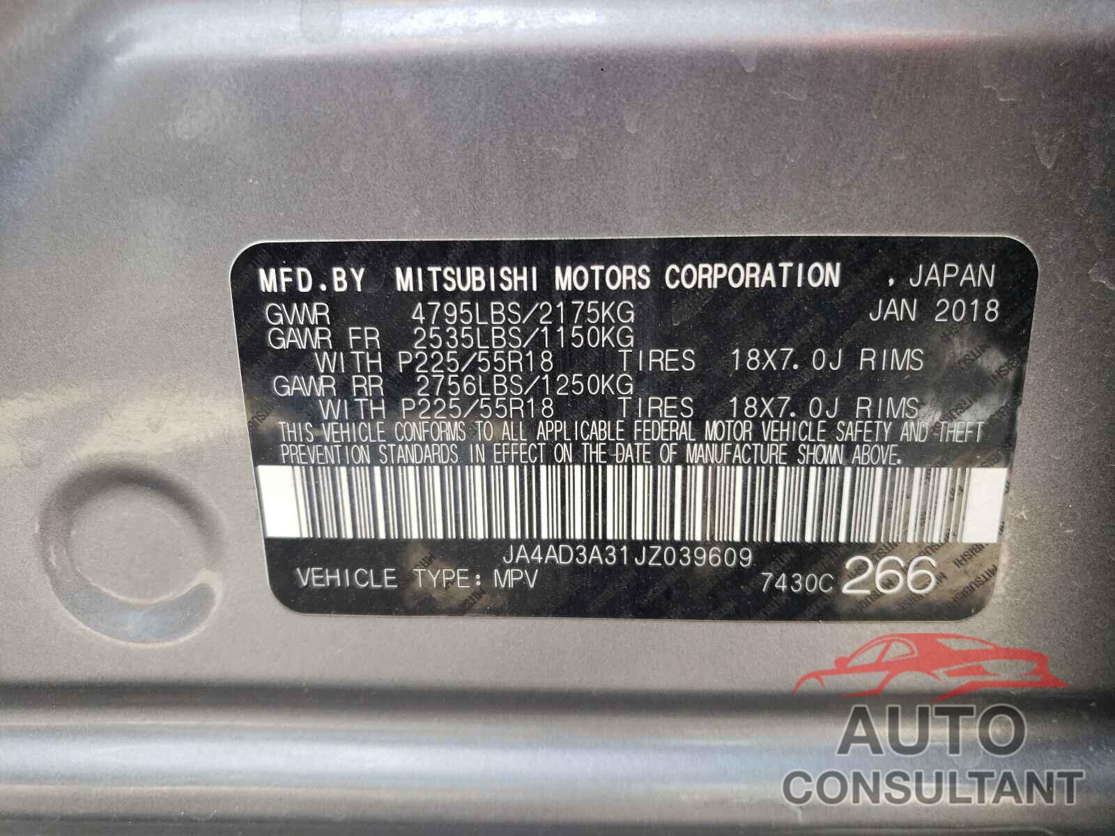 MITSUBISHI OUTLANDER 2018 - JA4AD3A31JZ039609