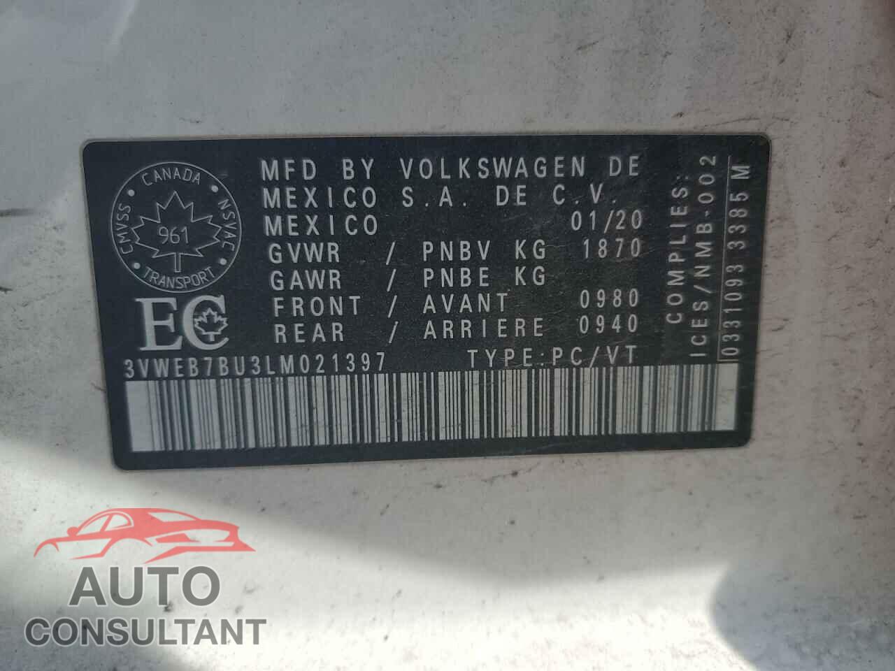 VOLKSWAGEN JETTA 2020 - 3VWEB7BU3LM021397
