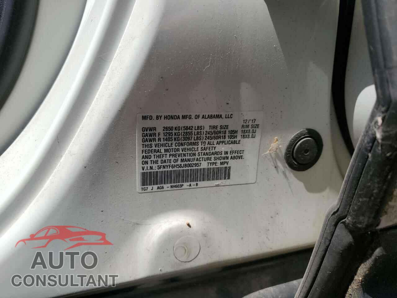 HONDA PILOT 2018 - 5FNYF6H58JB002957