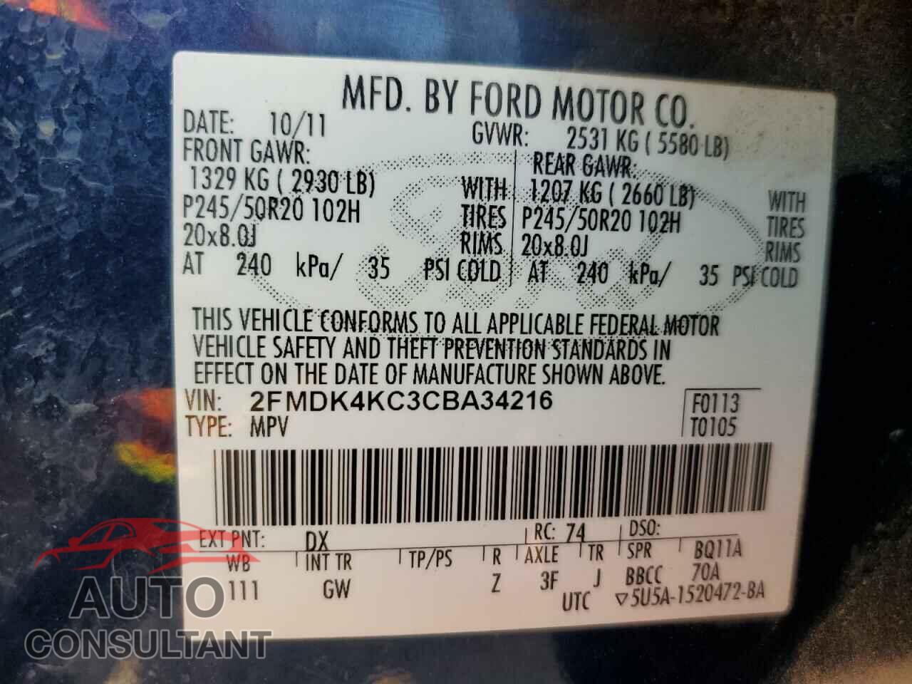 FORD EDGE 2012 - 2FMDK4KC3CBA34216