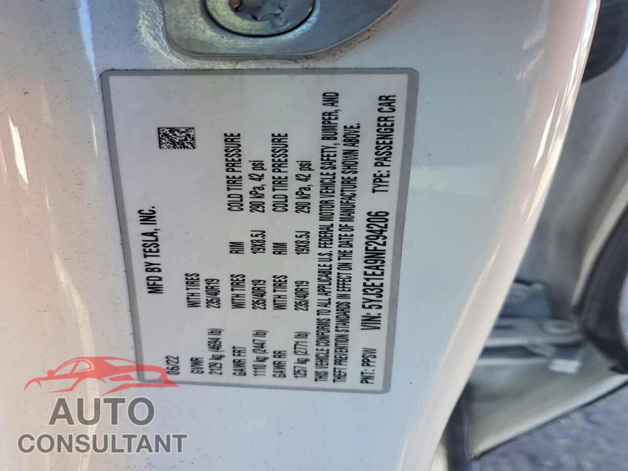 TESLA MODEL 3 2022 - 5YJ3E1EA9NF294206