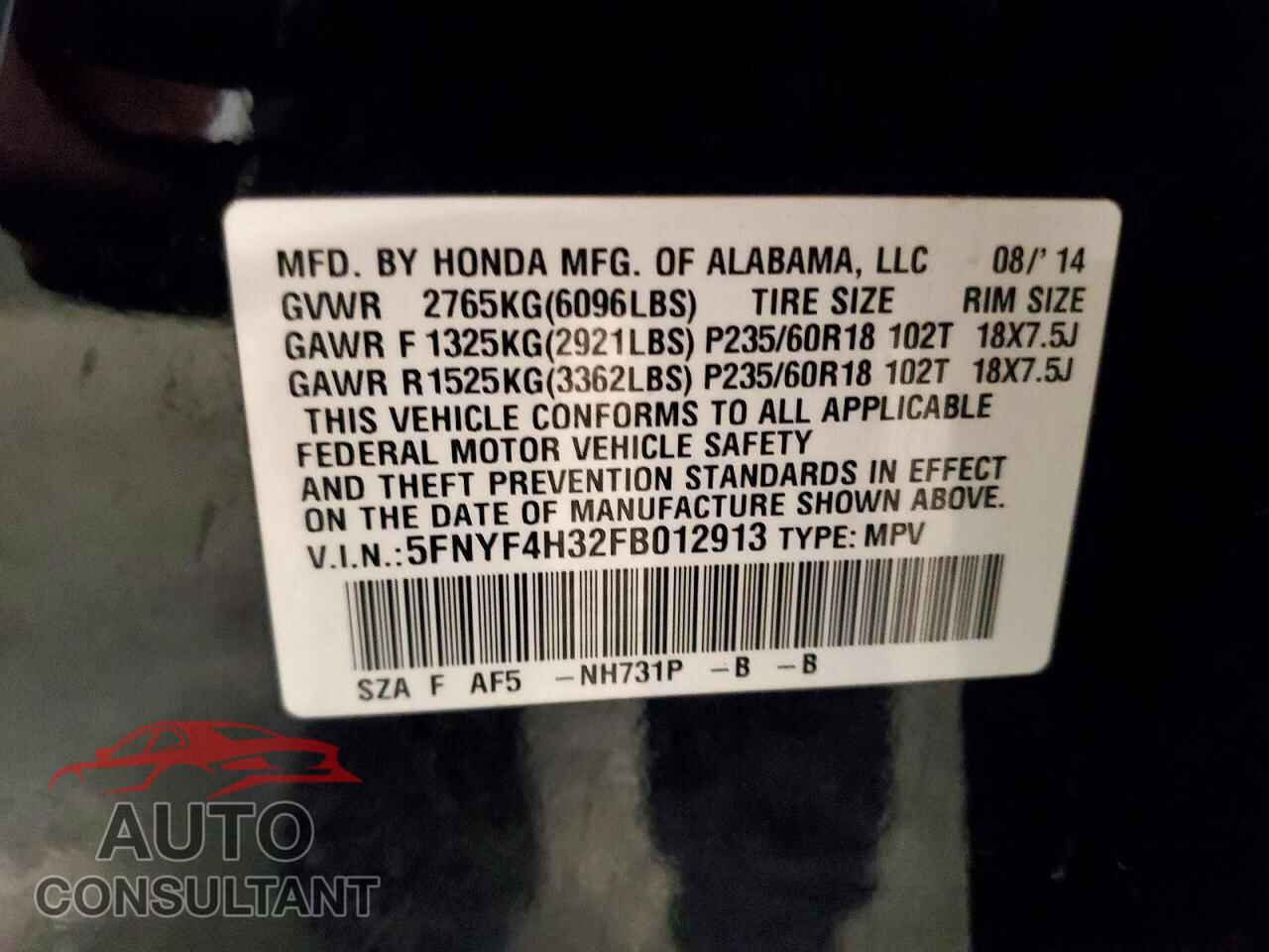 HONDA PILOT 2015 - 5FNYF4H32FB012913