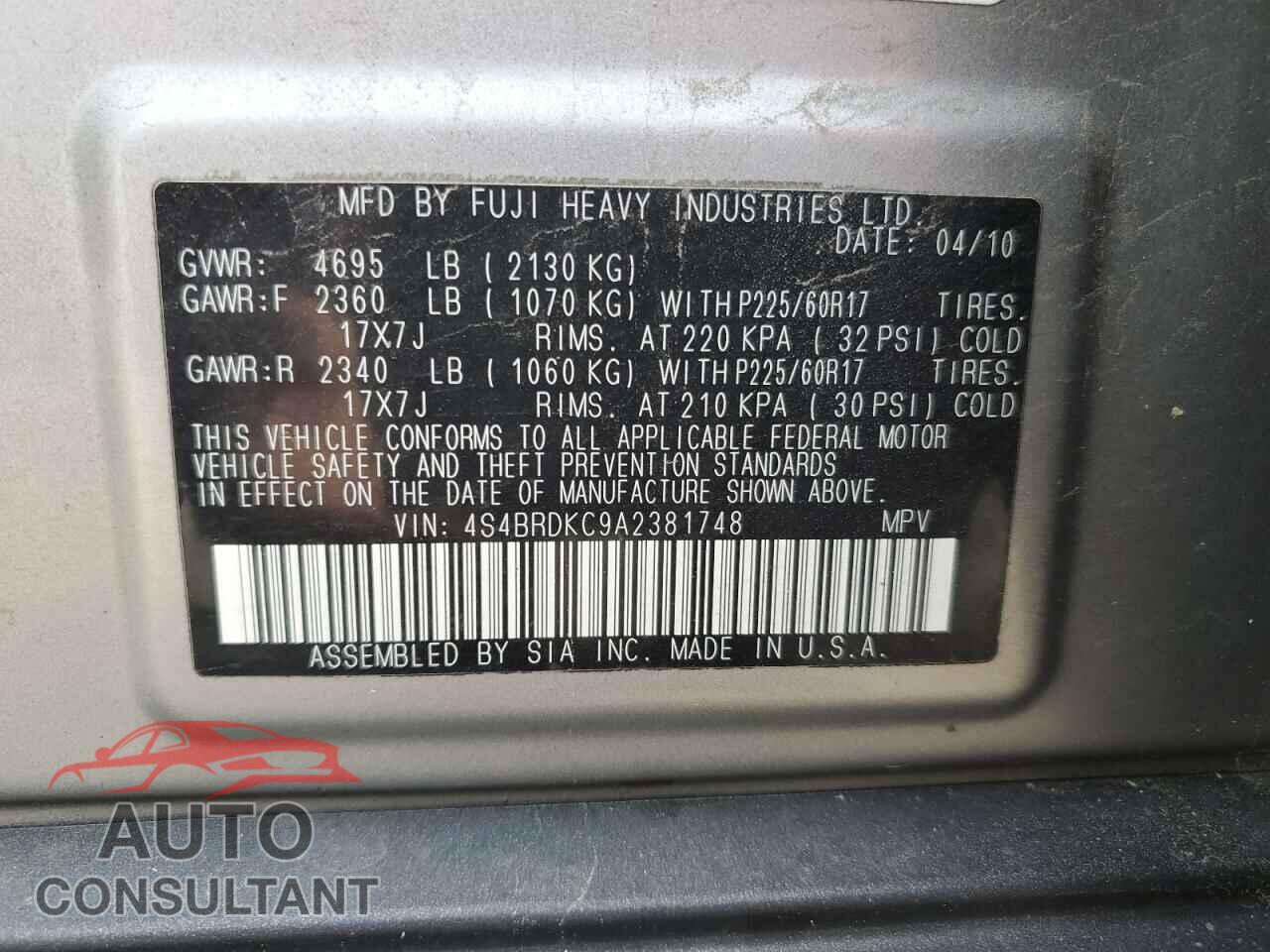 SUBARU OUTBACK 2010 - 4S4BRDKC9A2381748