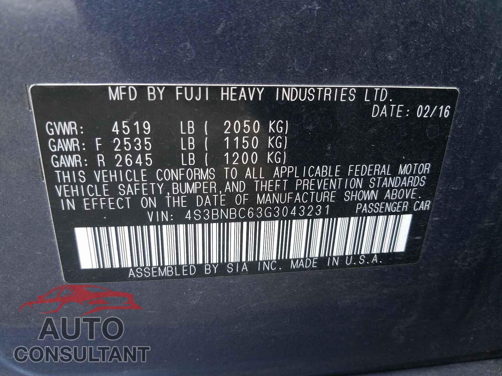 SUBARU LEGACY 2016 - 4S3BNBC63G3043231
