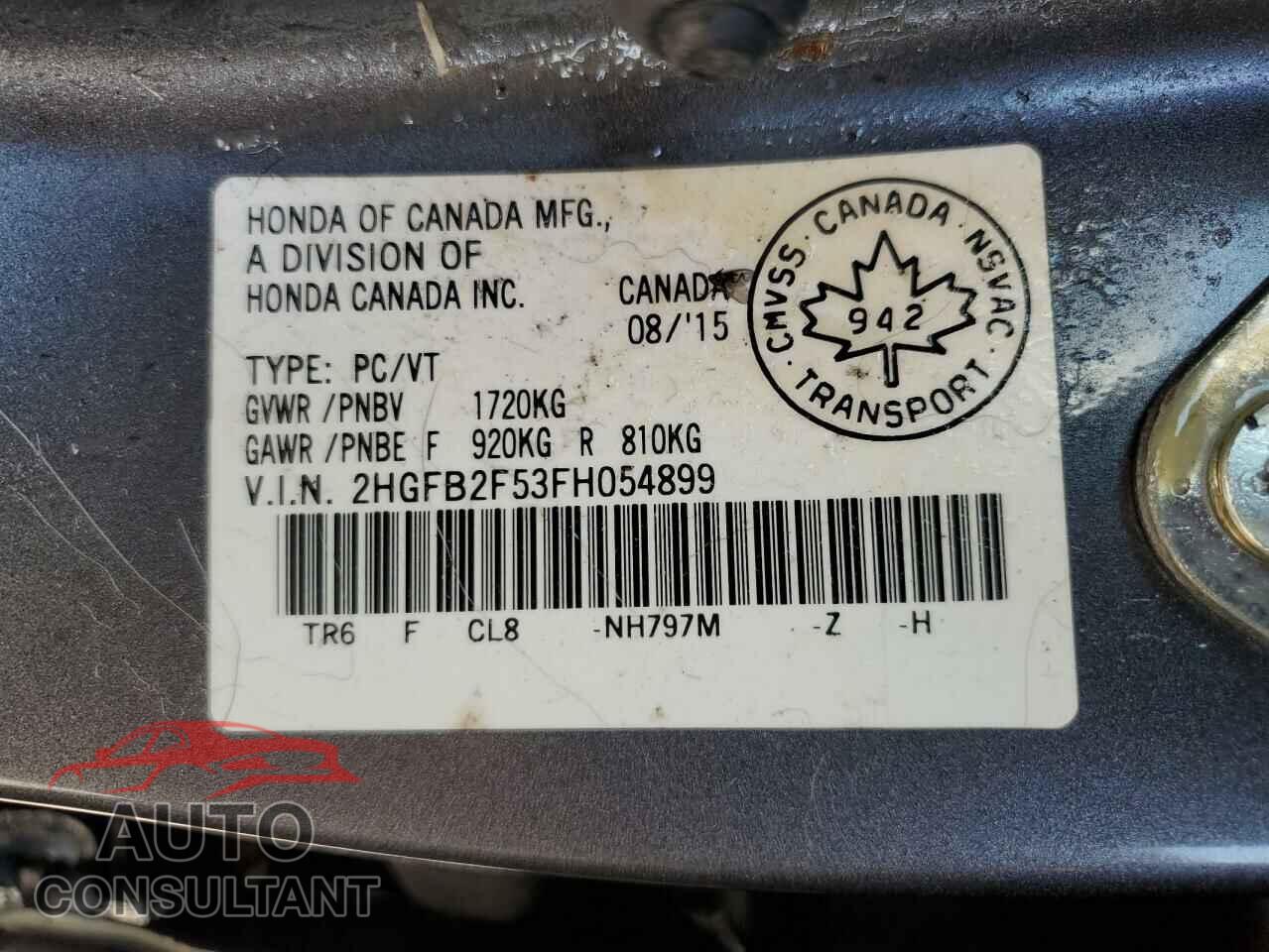 HONDA CIVIC 2015 - 2HGFB2F53FH054899
