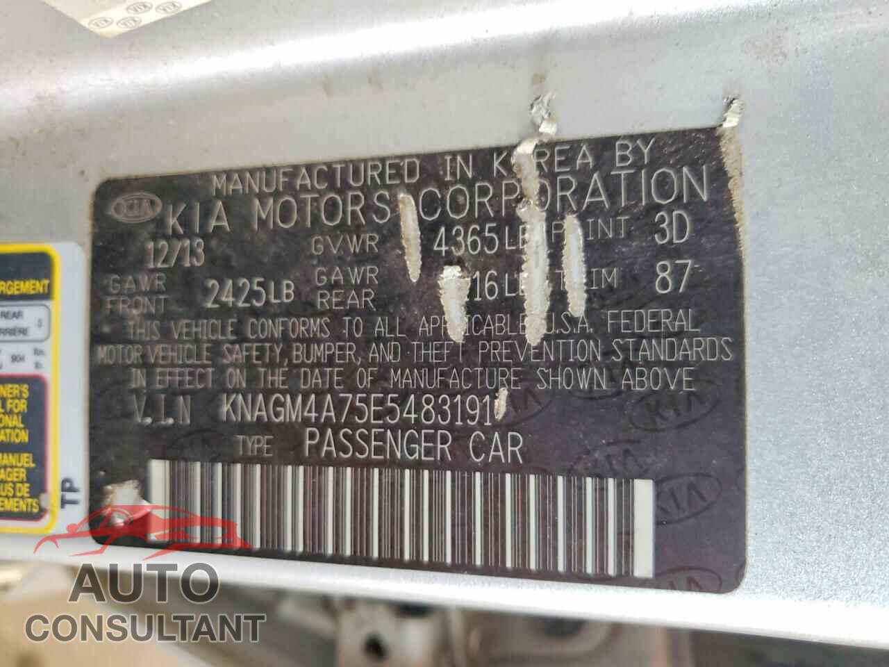 KIA OPTIMA 2014 - KNAGM4A75E5483191