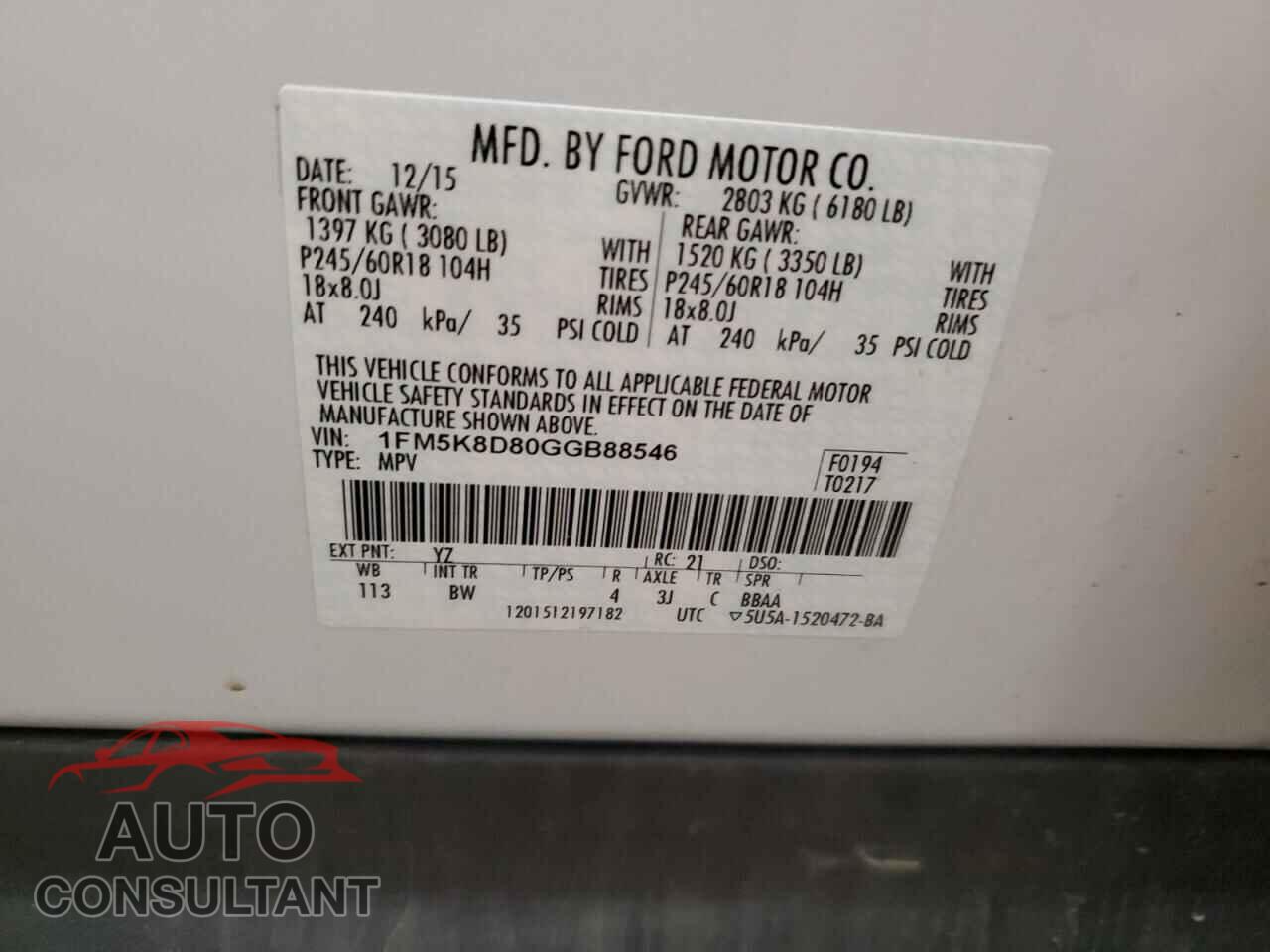 FORD EXPLORER 2016 - 1FM5K8D80GGB88546