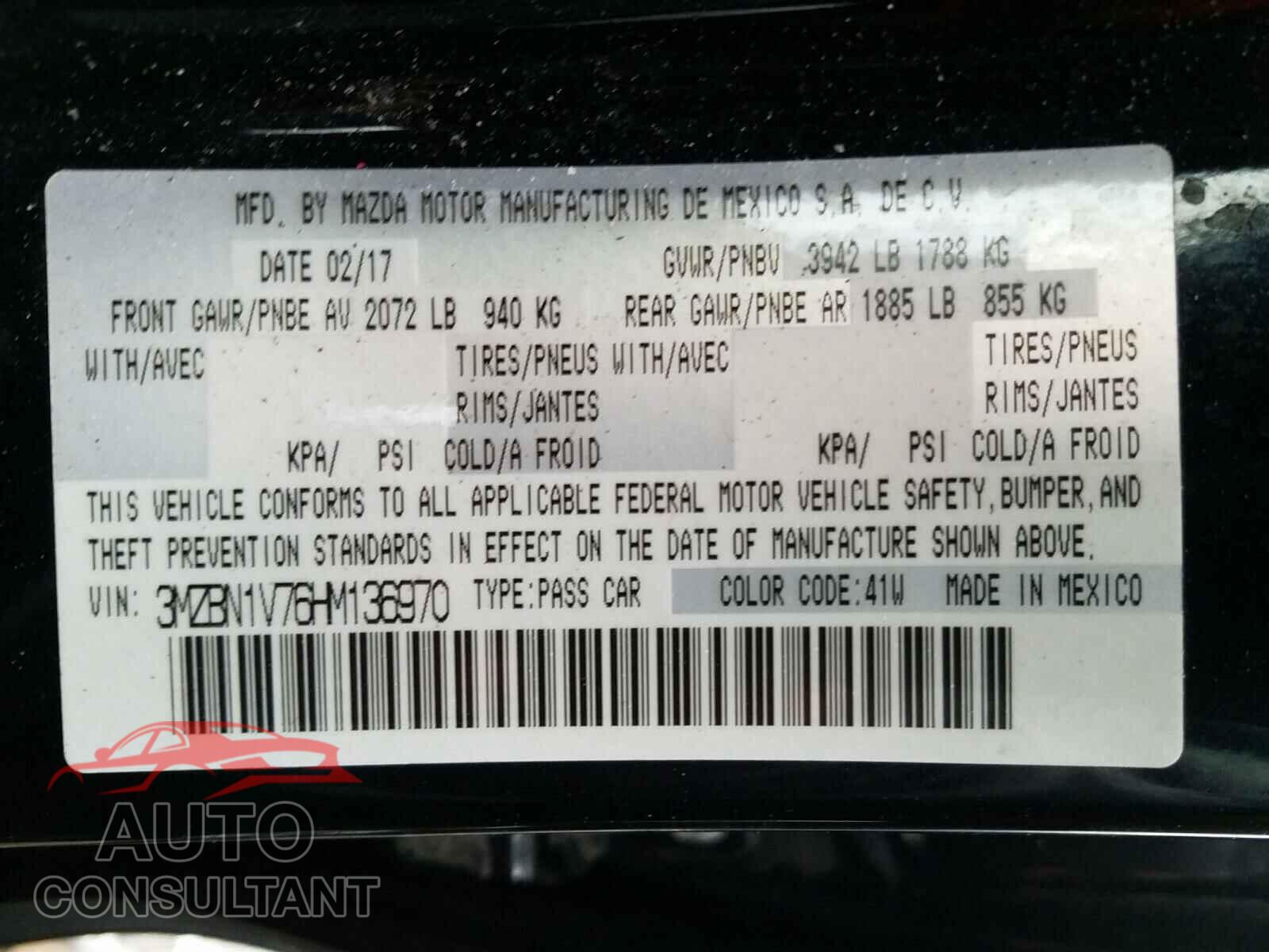 MAZDA 3 2017 - 3MZBN1V76HM136970
