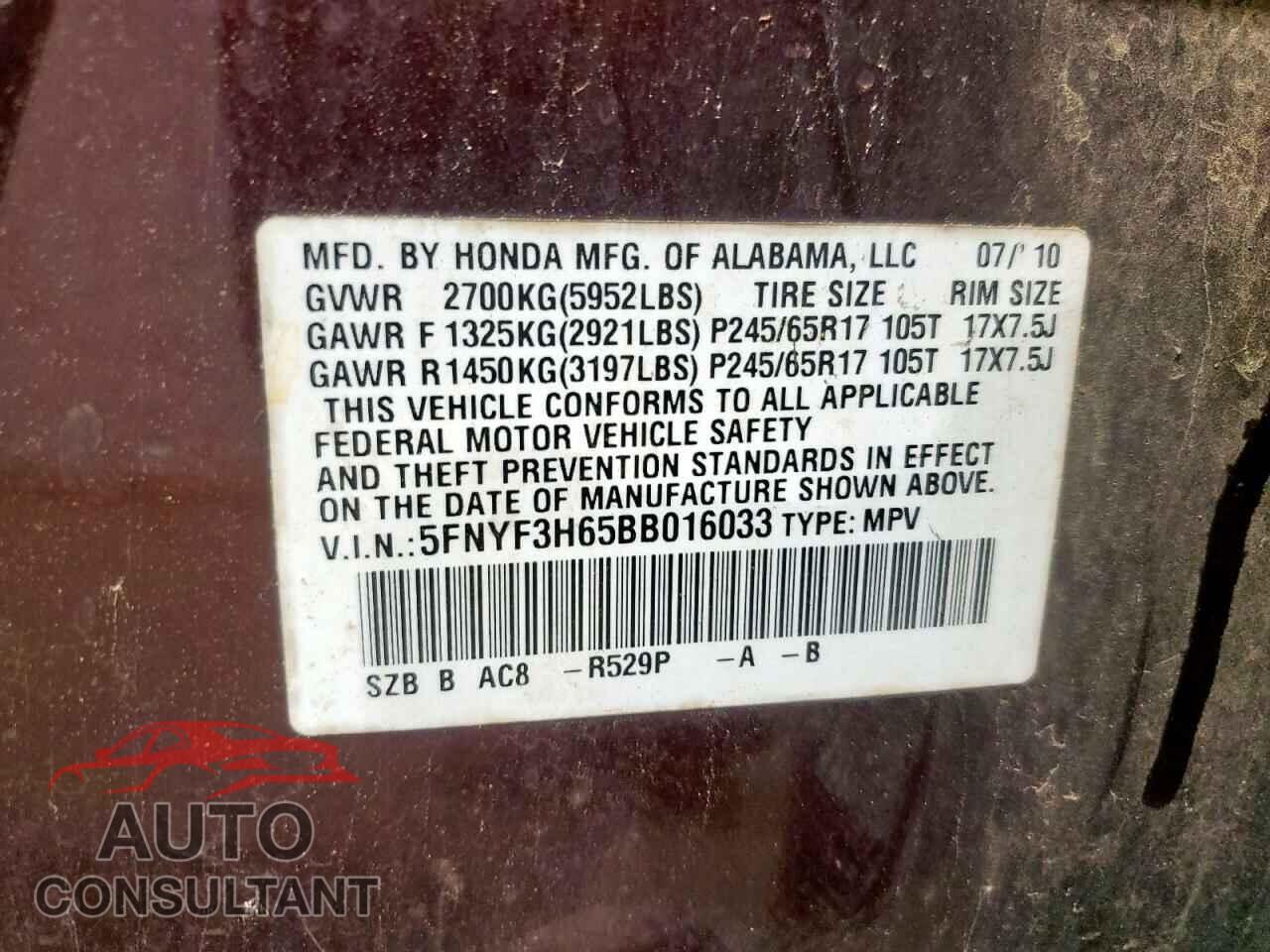 HONDA PILOT 2011 - 5FNYF3H65BB016033