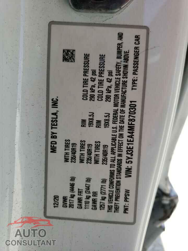 TESLA MODEL 3 2021 - 5YJ3E1EA4MF870301