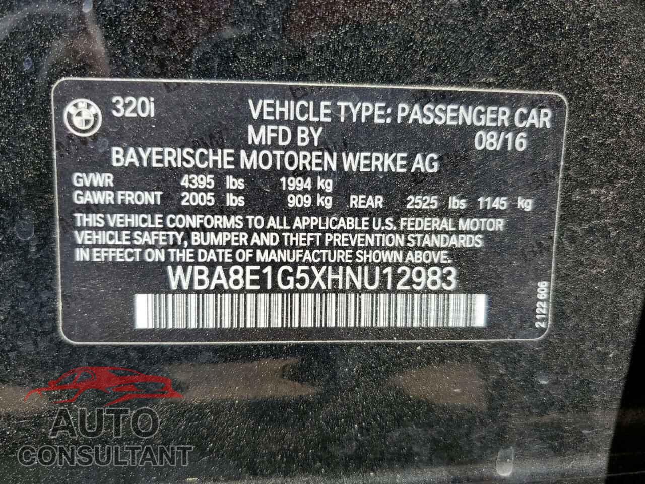 BMW 3 SERIES 2017 - WBA8E1G5XHNU12983