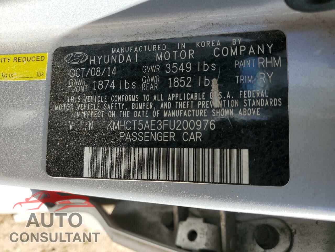 HYUNDAI ACCENT 2015 - KMHCT5AE3FU200976