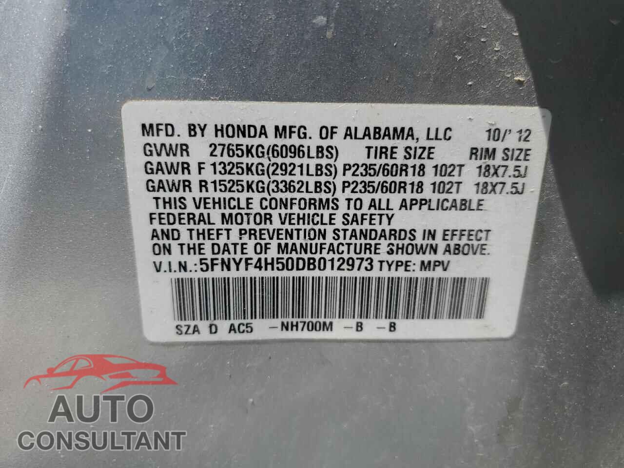 HONDA PILOT 2013 - 5FNYF4H50DB012973
