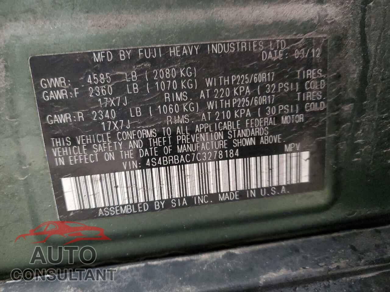 SUBARU OUTBACK 2012 - 4S4BRBAC7C3278184