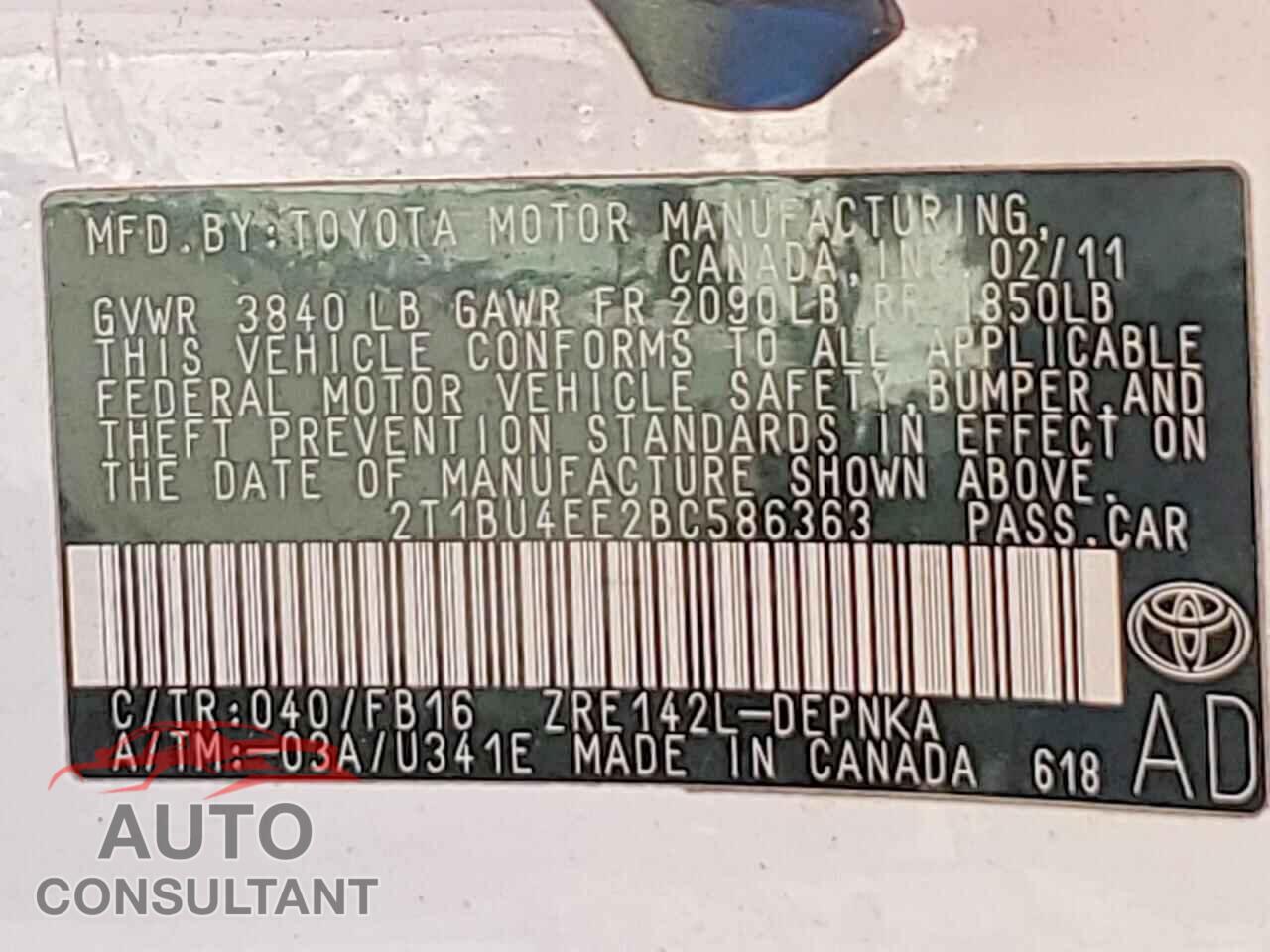 TOYOTA COROLLA 2011 - 2T1BU4EE2BC586363