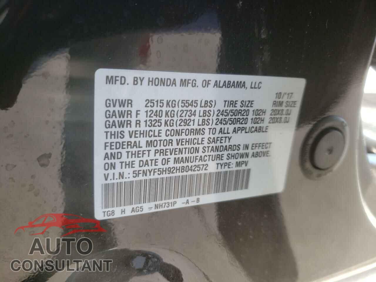 HONDA PILOT 2017 - 5FNYF5H92HB042572