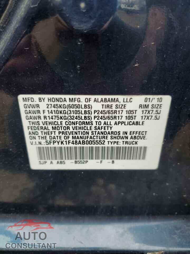 HONDA RIDGELINE 2010 - 5FPYK1F48AB005552