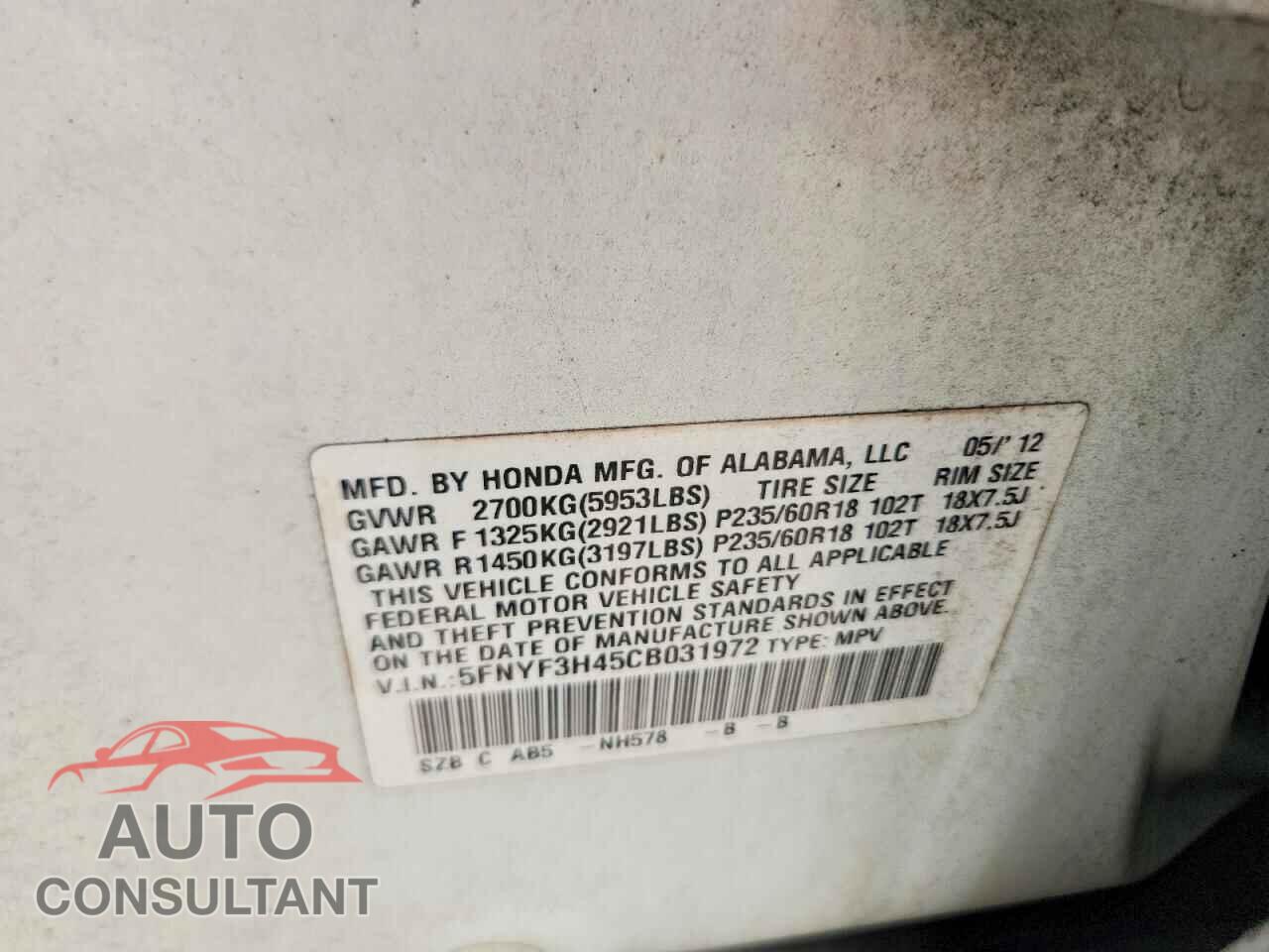 HONDA PILOT 2012 - 5FNYF3H45CB031972