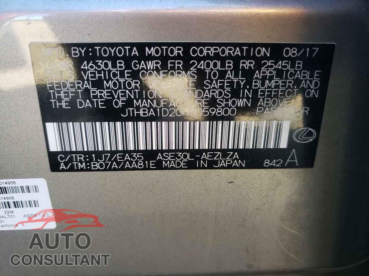 LEXUS IS 2017 - JTHBA1D20H5059800